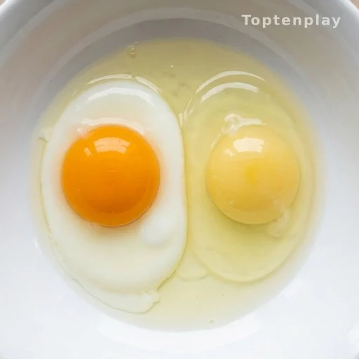 Two raw eggs showing fresh deep orange yolk versus pale aged yolk for nutrition comparison