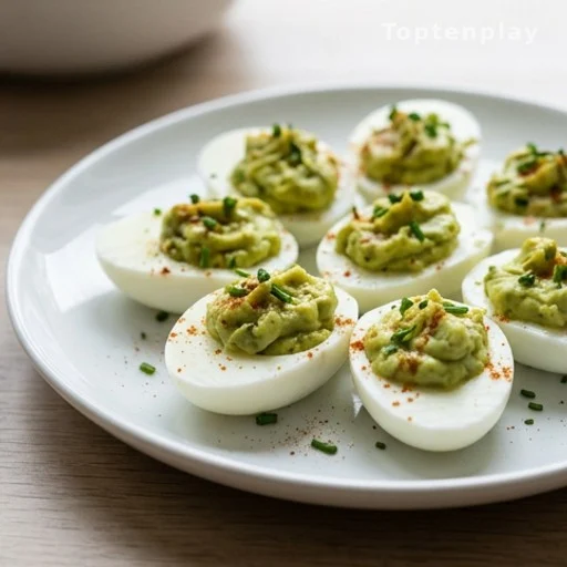 Avocado deviled eggs on white plate, heart-healthy high-protein snack