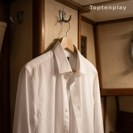 White dress shirt hanging on a hook in a cramped ship cabin locker room