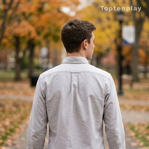 Student in a classic Oxford button-down shirt on an Ivy League campus in autumn