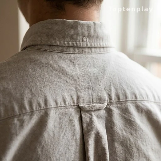 Close-up of a locker loop on the back of a classic dress shirt below the yoke