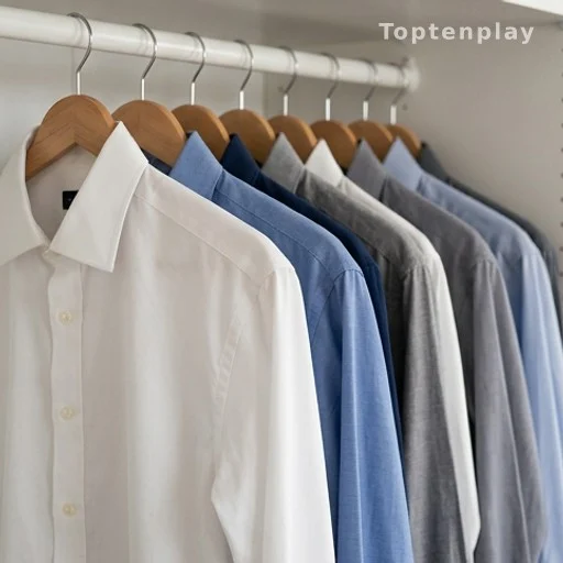 Classic dress shirts with locker loops hanging in a wardrobe, menswear detail