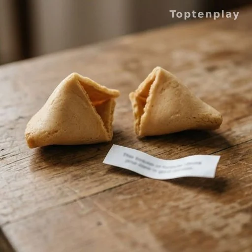 Open fortune cookie and paper slip on a wooden table