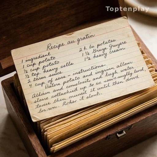 Vintage 1958 handwritten recipe card inside a wooden family recipe box