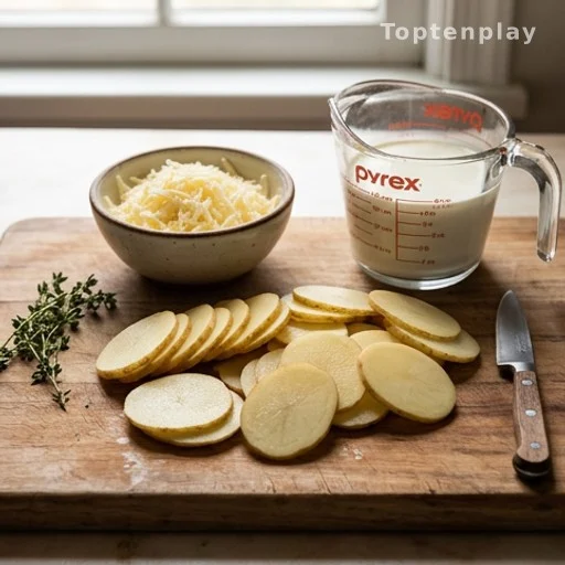 Thinly sliced potatoes and shredded cheese ingredients for budget potato gratin recipe