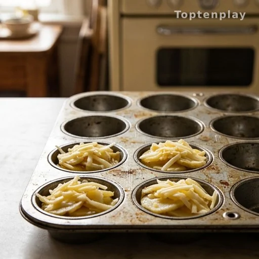 Greased muffin tin filled with layered potato au gratin cups before baking