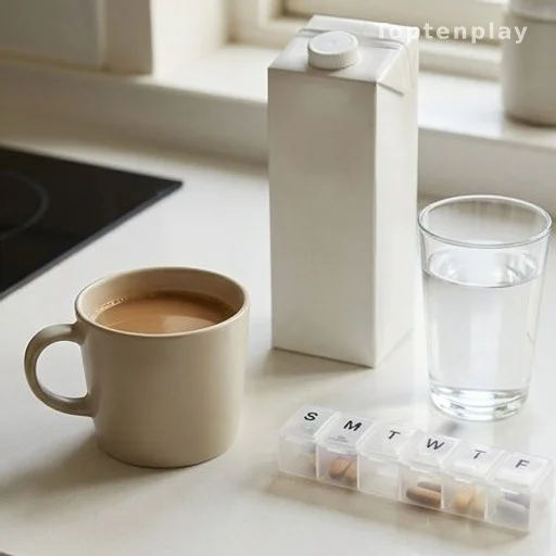 Coffee cup and soy milk next to thyroid medication pill organizer