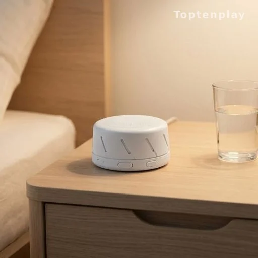 White noise machine on a nightstand used for tinnitus sound therapy