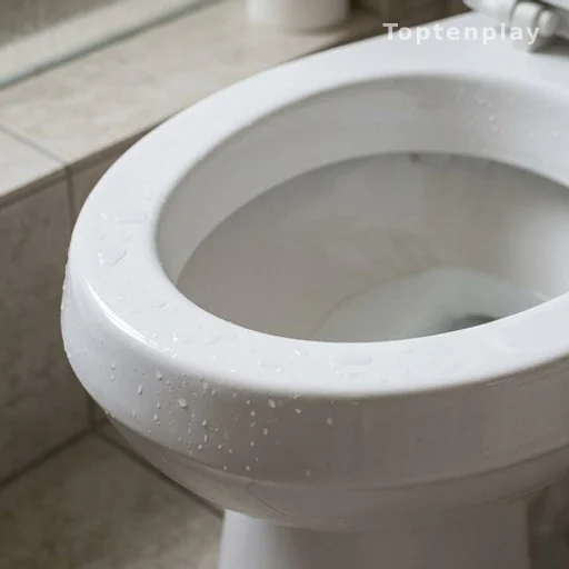White toilet bowl with water droplets on rim illustrating splash zone hygiene risk