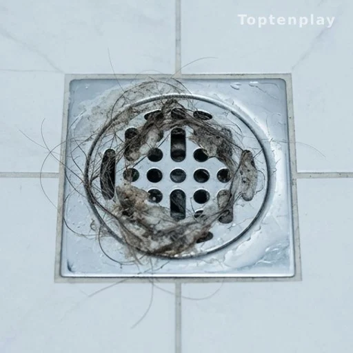 Bathroom drain with grit and hair buildup illustrating P-trap clog risk from mop water