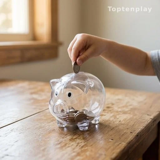Child placing coin in piggy bank representing foster care savings account