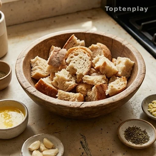 Bowl of torn stale bread scraps with garlic butter and herbs for budget cooking recipe
