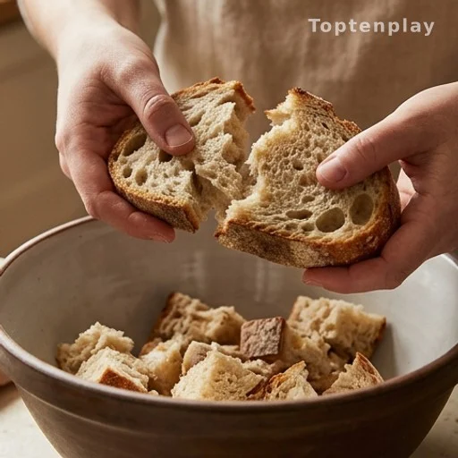 Hands tearing stale bread into pieces for crispy garlic rolls preparation