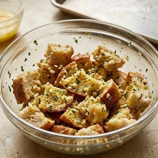 Bread pieces tossed in garlic herb butter in a bowl before baking
