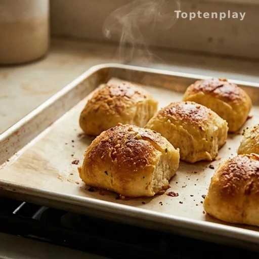 Golden crispy garlic rolls on parchment-lined baking sheet, budget-friendly bread recipe