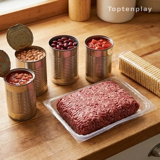 Pantry staples for an affordable Amish beef and bean casserole recipe