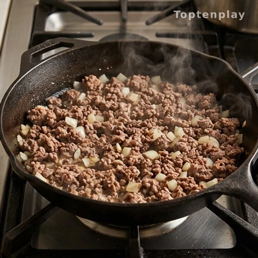 Ground beef browning in a skillet for a budget-friendly beef and bean casserole
