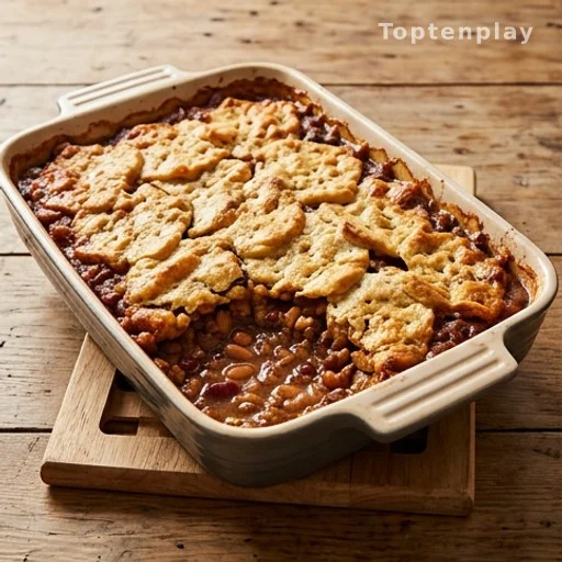 Golden cracker-topped beef and bean casserole fresh from the oven