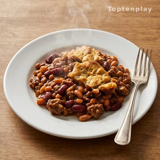 Affordable family dinner serving of Amish beef and bean casserole on a plate