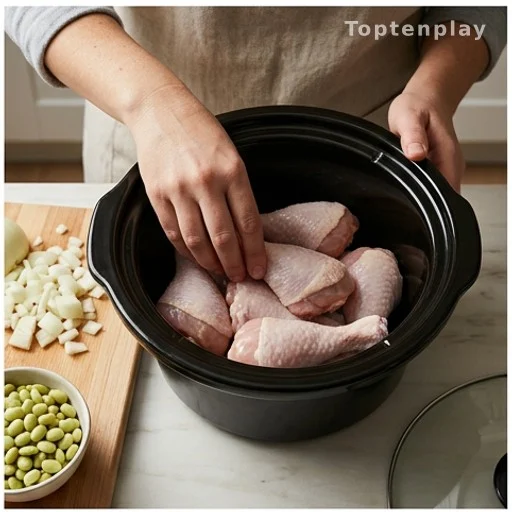 Layering chicken and lima beans into a slow cooker for budget meal prep