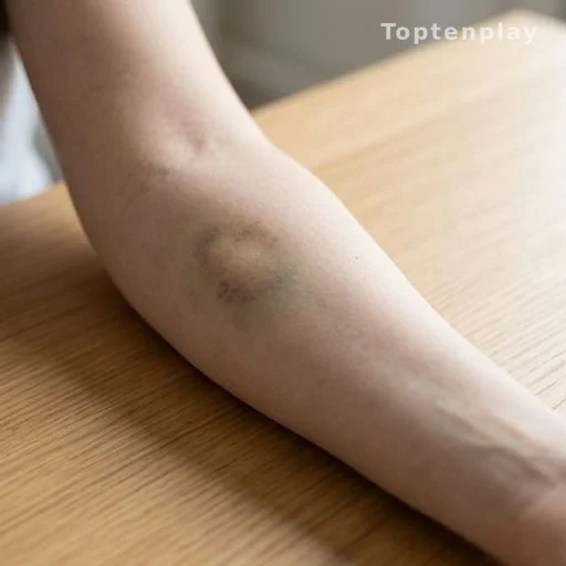 Close-up of unexplained bruise on a forearm, health warning concept