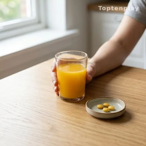 Vitamin supplements and orange juice on a table, nutritional deficiency remedy