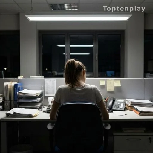 Young woman working late at office desk, women's health and overwork