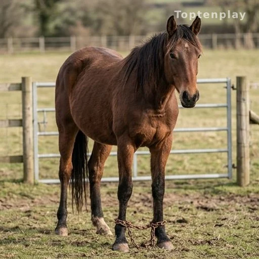 Wild horse chained by its legs in a rural Romanian field