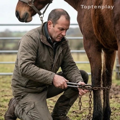 Veterinarian using tools to remove chains from a horse's legs