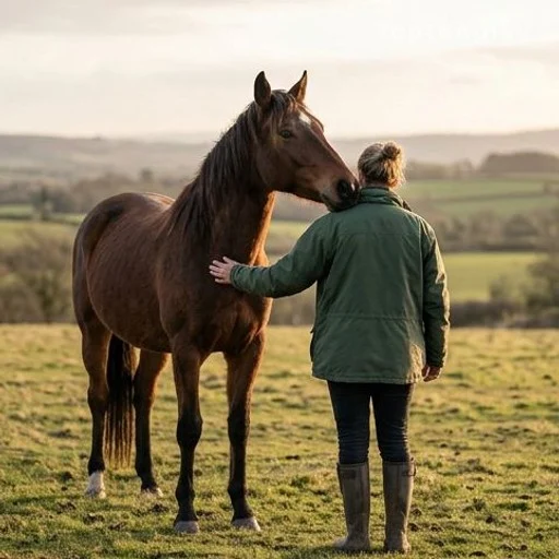 Freed horse showing affection toward its rescuer in a rural setting