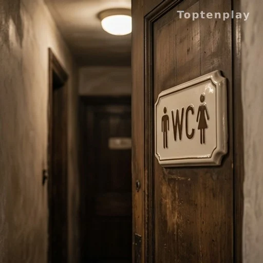 Classic WC sign on a wooden door in a hotel corridor