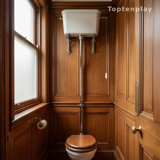Victorian-era water closet room with high-cistern flush toilet and wooden panels