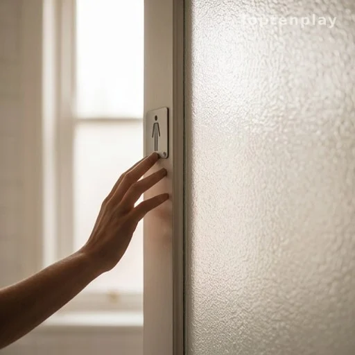 Hand pushing open a frosted glass bathroom door with a metal sign