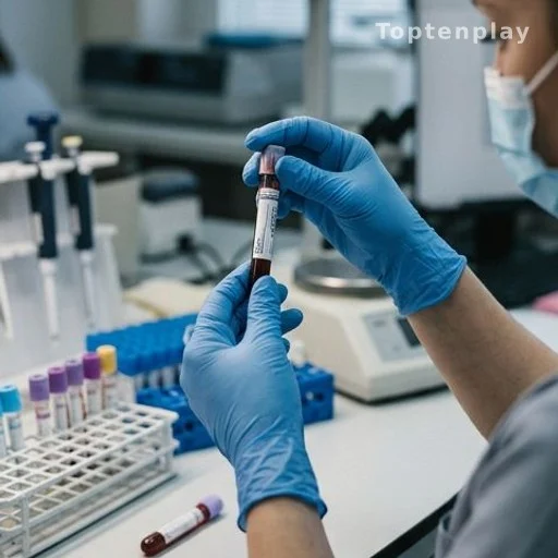 Nurse holding blood vial for ABO blood type testing in a clinical lab