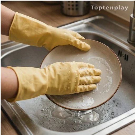 Hands in rubber gloves washing dishes to protect brittle nails from wet-dry cycles