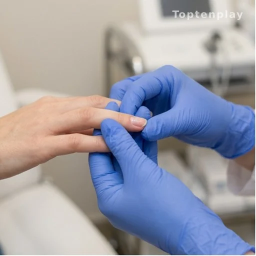 Medical professional examining yellow nails during a health and nutrition assessment