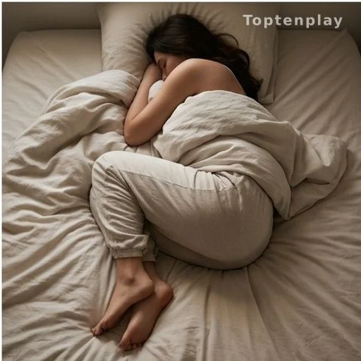 Person sleeping in fetal position on their side in a dimly lit bedroom