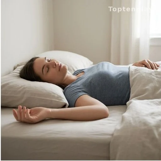 Person sleeping on their back with arms open in a softly lit bedroom