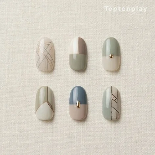Six different nail art designs displayed side by side on a neutral background