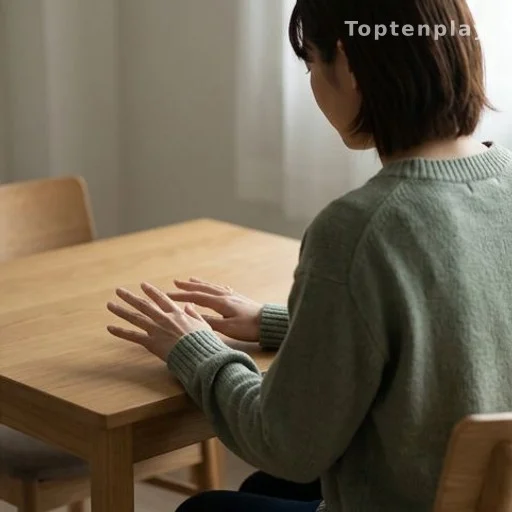 Woman seen from behind looking at her hands in soft indoor light