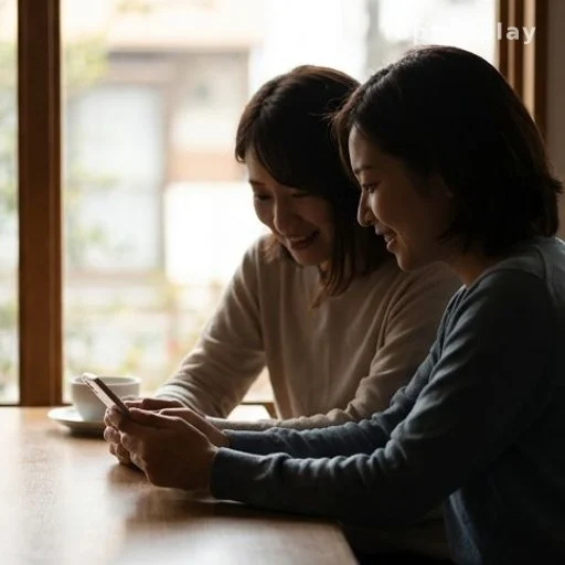 Two women sharing a phone screen at a café table, seen from the side