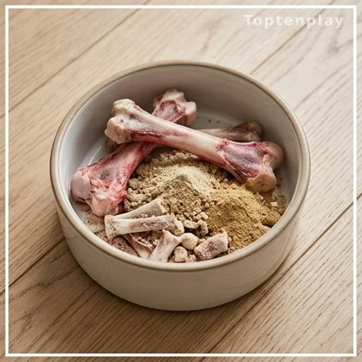 Dog food bowl with raw bones and bone meal supplements
