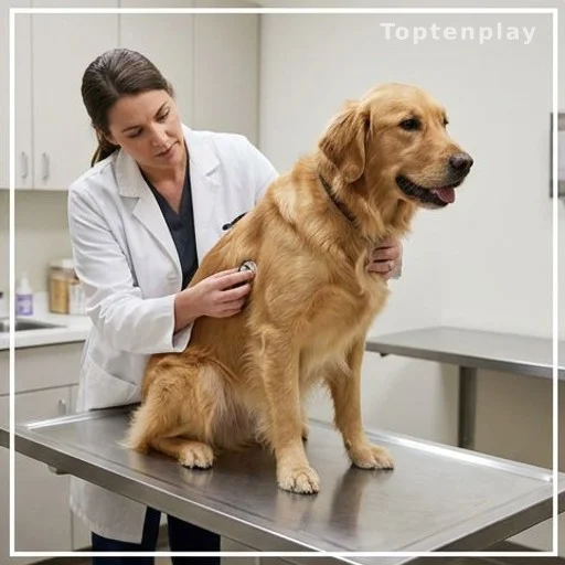 Veterinarian examining a dog on a clinic examination table