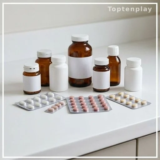 Veterinary medication bottles and pill packets on a white surface