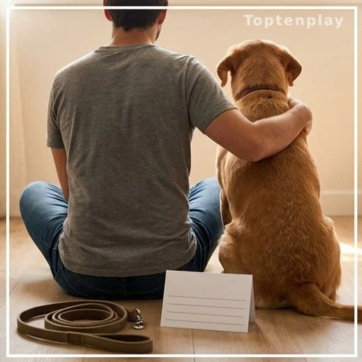 Dog owner sitting beside their dog with a veterinary appointment card nearby