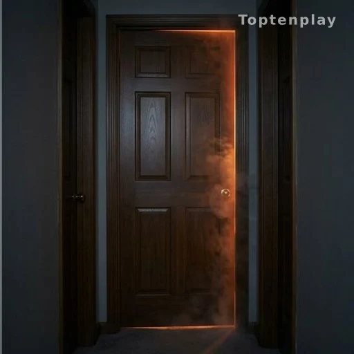 Closed bedroom door with smoke visible underneath during a home fire safety scenario