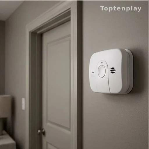 Carbon monoxide detector on bedroom wall next to a closed door, home fire safety