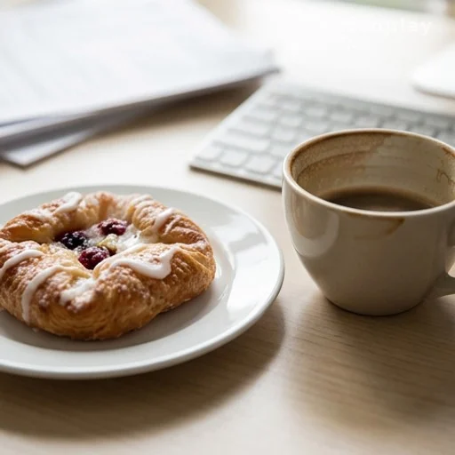 Sugary pastry and coffee cup representing a low-protein breakfast linked to energy crashes