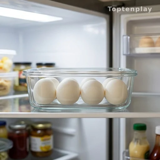Batch-prepared hard-boiled eggs in refrigerator for quick healthy breakfast meal prep