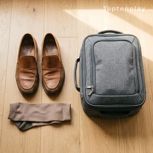 Slip-on shoes and compression socks next to carry-on bag, travel health preparation